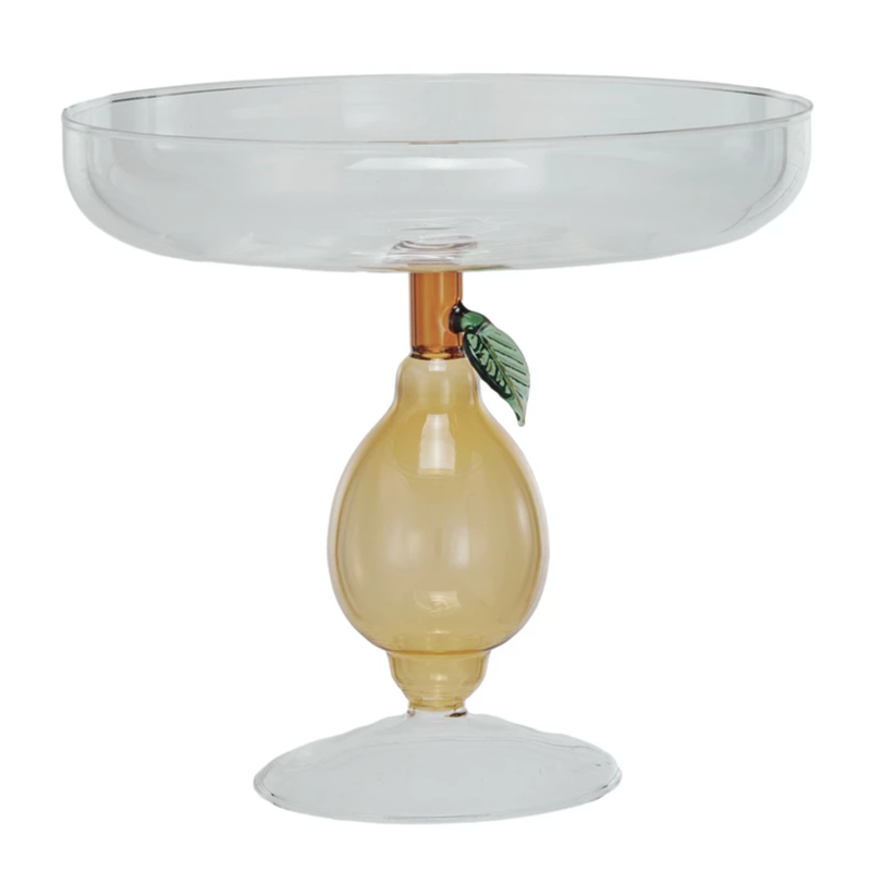 Glass Pedestal w/ Pear Shaped Base, Green & Amber Color