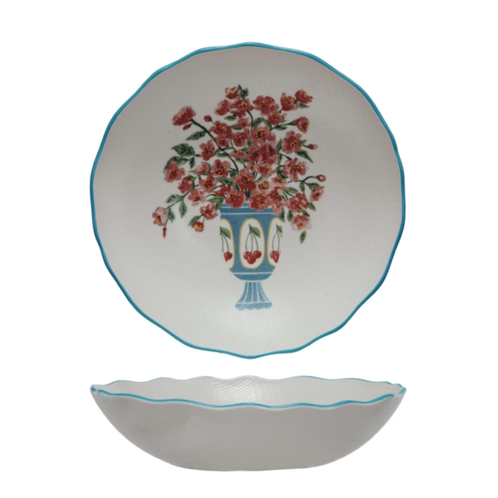 Textured Stoneware Salad Bowl w/ Flowers in Vase & Colored Rim