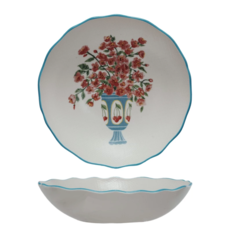 Textured Stoneware Salad Bowl w/ Flowers in Vase & Colored Rim