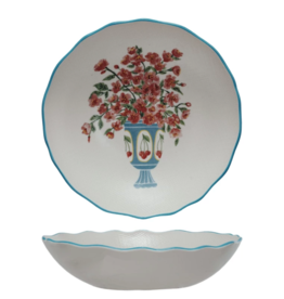 Textured Stoneware Salad Bowl w/ Flowers in Vase & Colored Rim