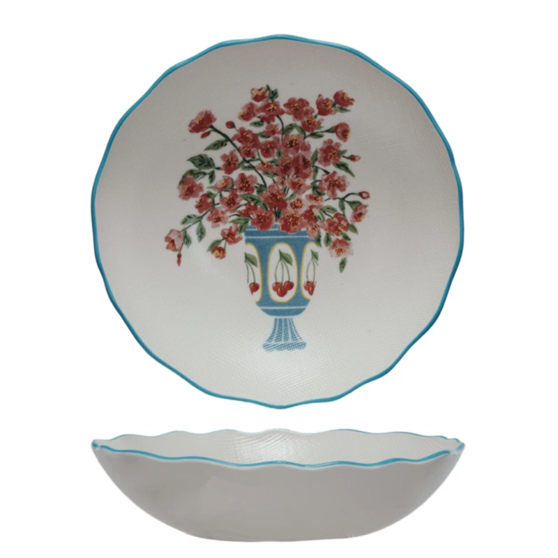 Textured Stoneware Salad Bowl w/ Flowers in Vase & Colored Rim