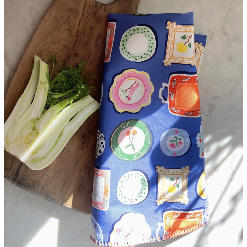 Dinner Plates Cotton Tea Towel with Embroidered Detail