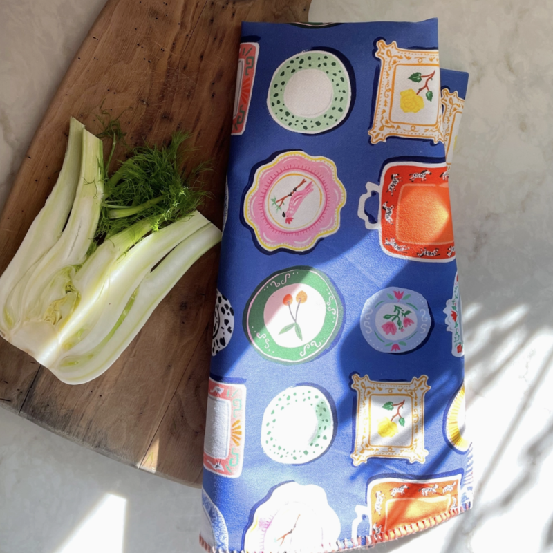 Dinner Plates Cotton Tea Towel with Embroidered Detail