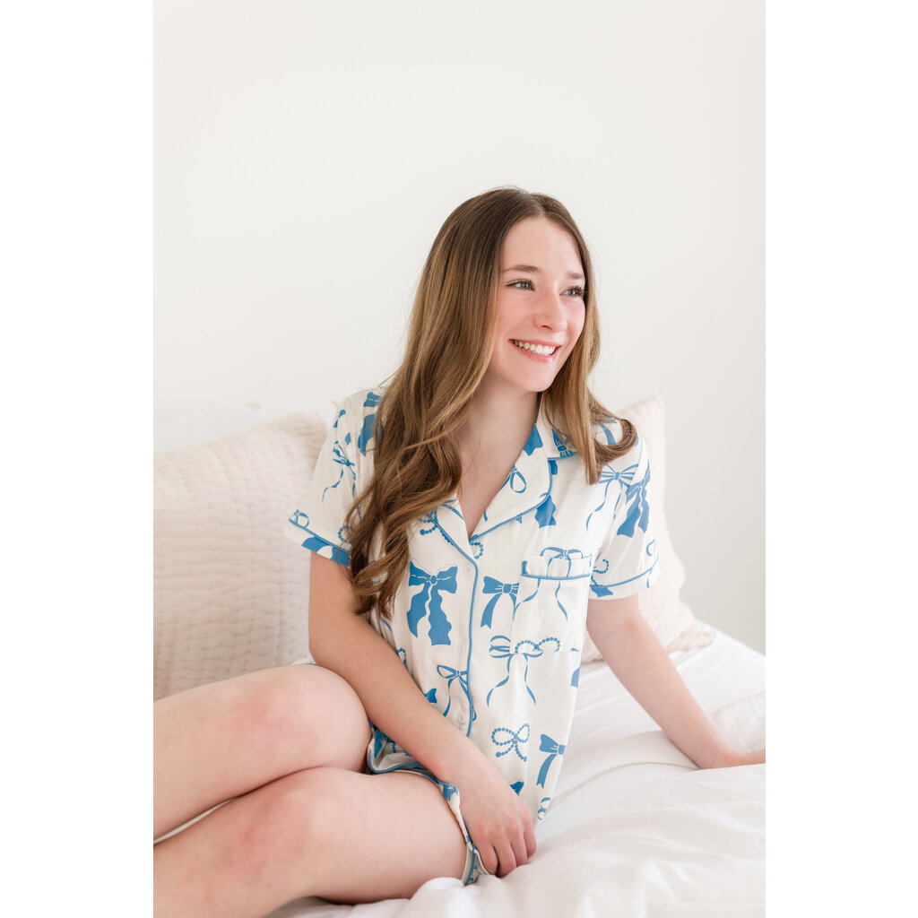 Blue and Cream Bows Short Sleeve Pajama Set