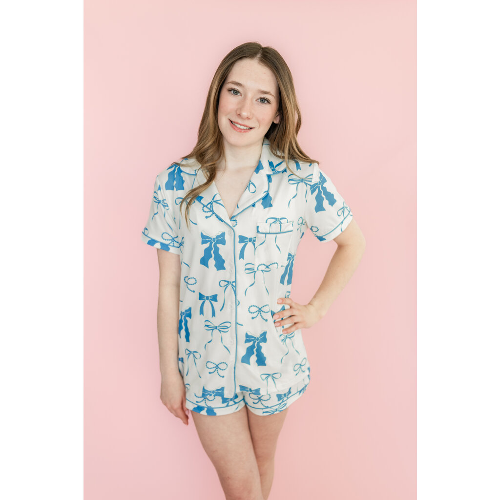Blue and Cream Bows Short Sleeve Pajama Set
