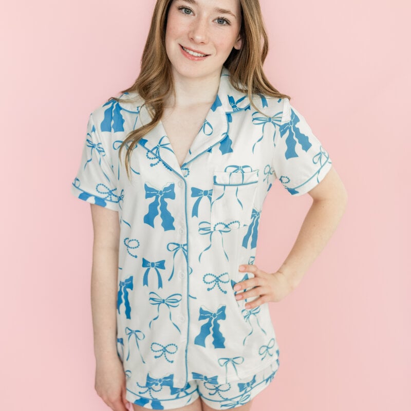 Blue and Cream Bows Short Sleeve Pajama Set