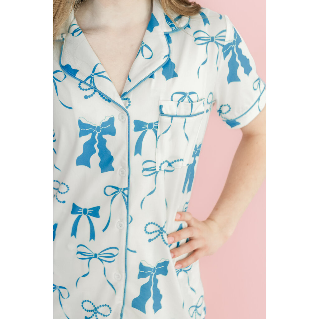 Blue and Cream Bows Short Sleeve Pajama Set