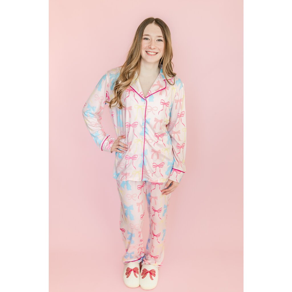 Pink Pastel Bows Long Sleeve Pajamas Set