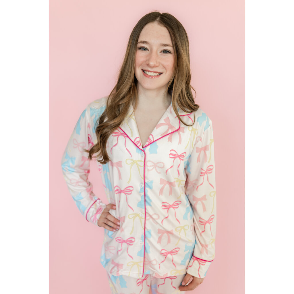 Pink Pastel Bows Long Sleeve Pajamas Set