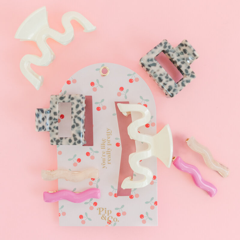 Pink and Leopard Wavy Hair Clip Set