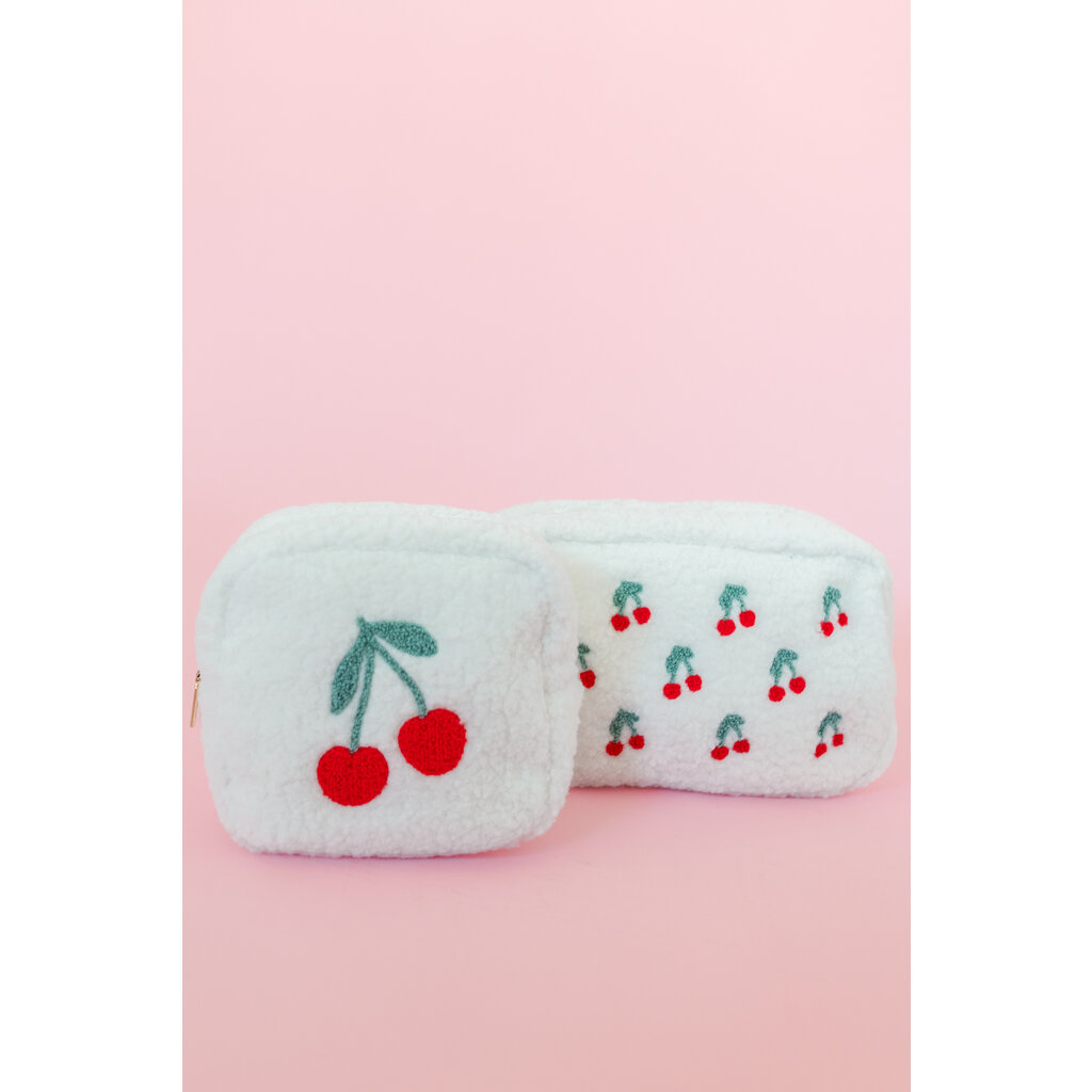 Small Cherry On Top Embroidered Plush Cosmetic Bag