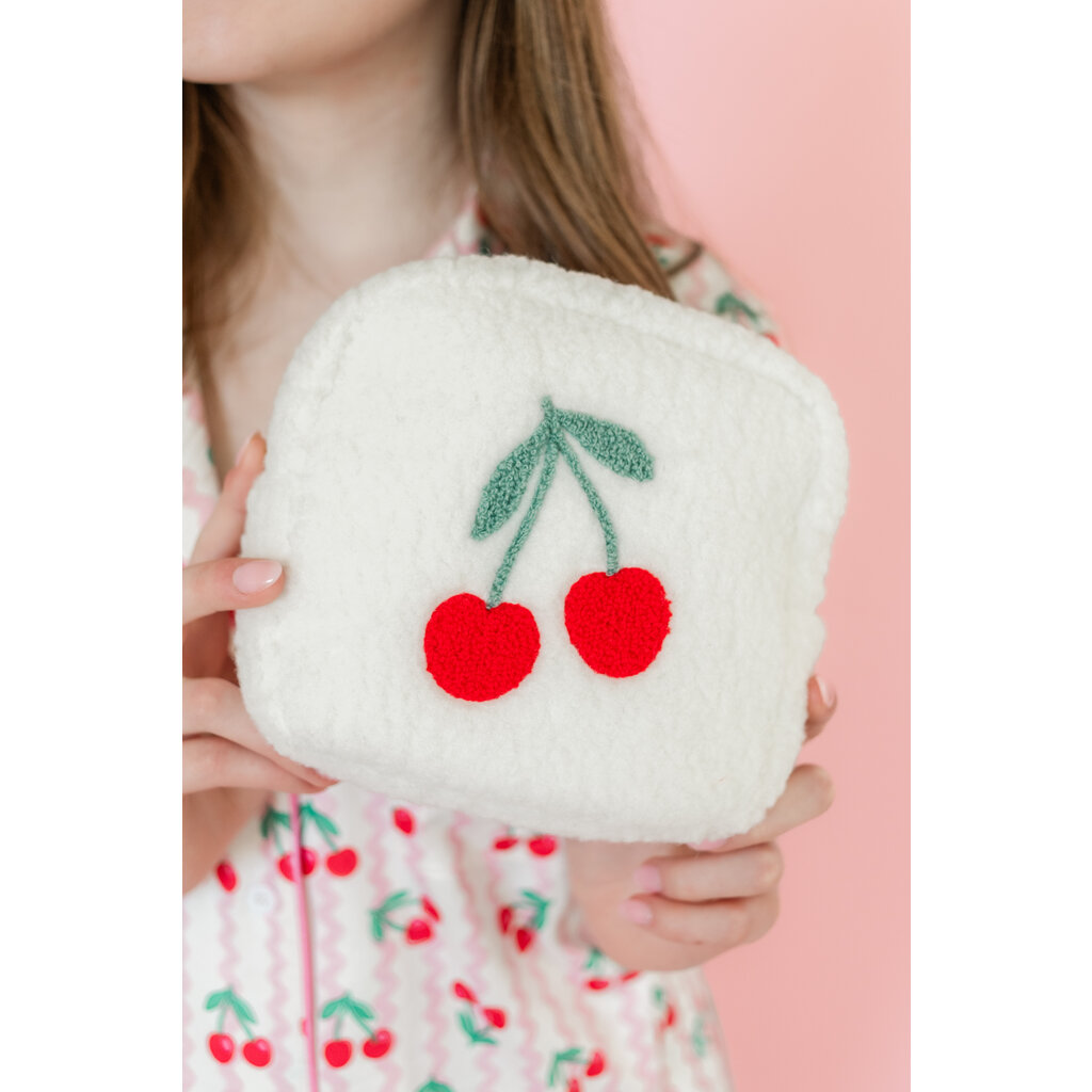 Small Cherry On Top Embroidered Plush Cosmetic Bag