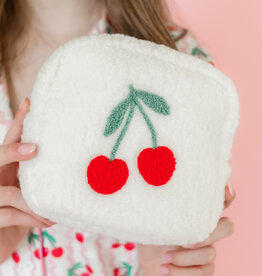 Small Cherry On Top Embroidered Plush Cosmetic Bag