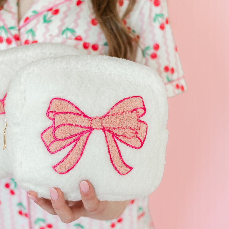 Pink Bow Teddy Cosmetic Zipper Bag - Small