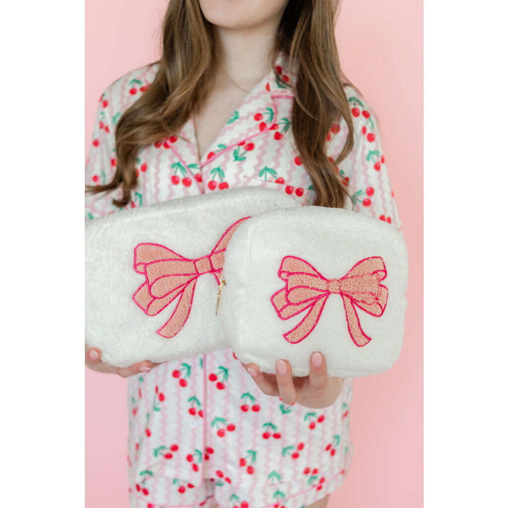 Pink Bow Teddy Cosmetic Zipper Bag - Small