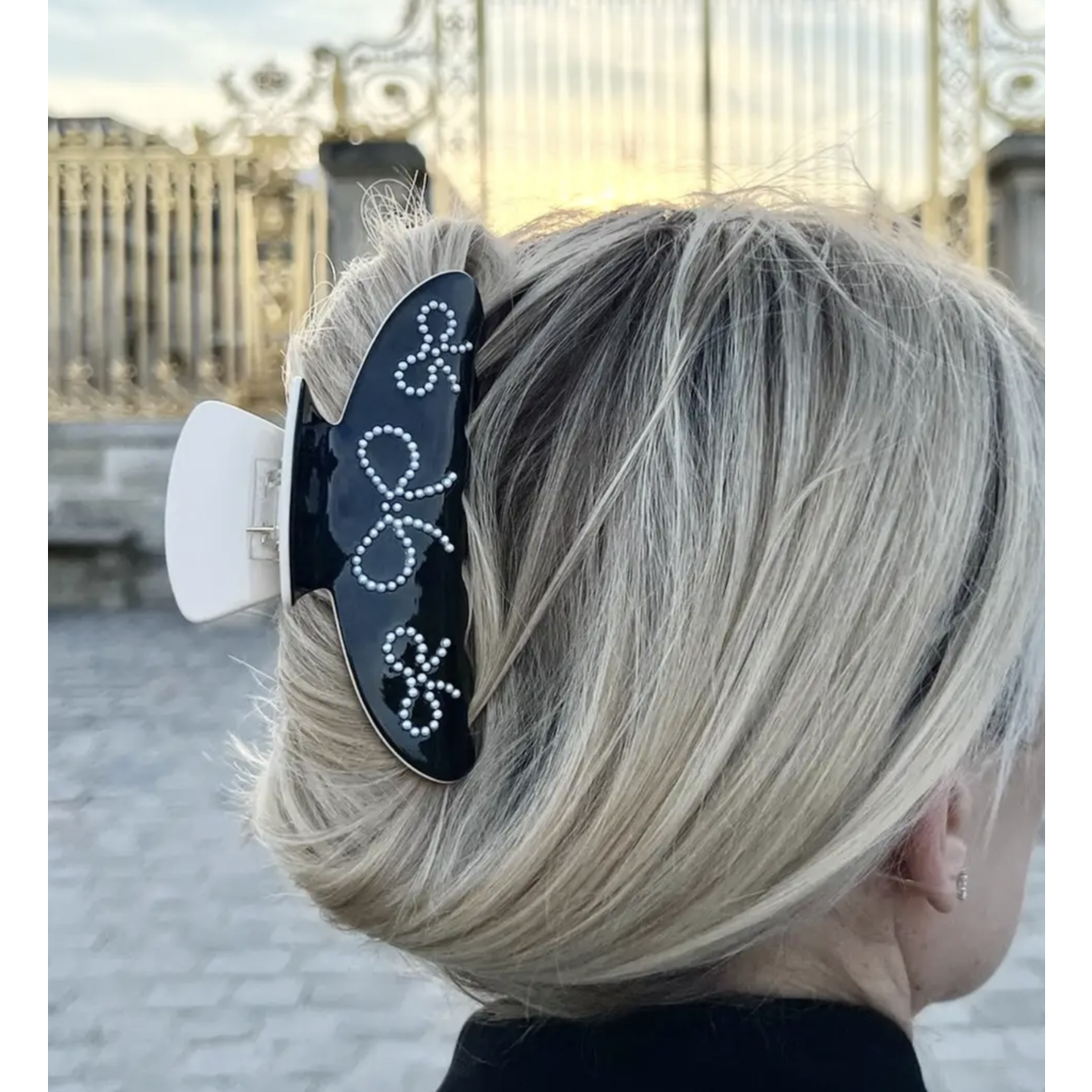 Pearl Bow Acetate Hair Clip - Black