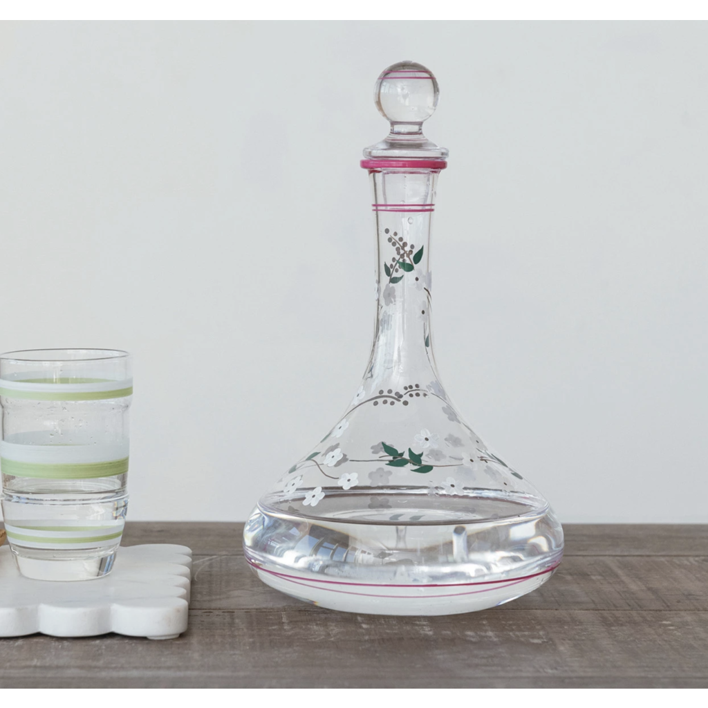 60 Oz. Glass Vintage Reproduction Decanter w/ Hand-Painted Flowers