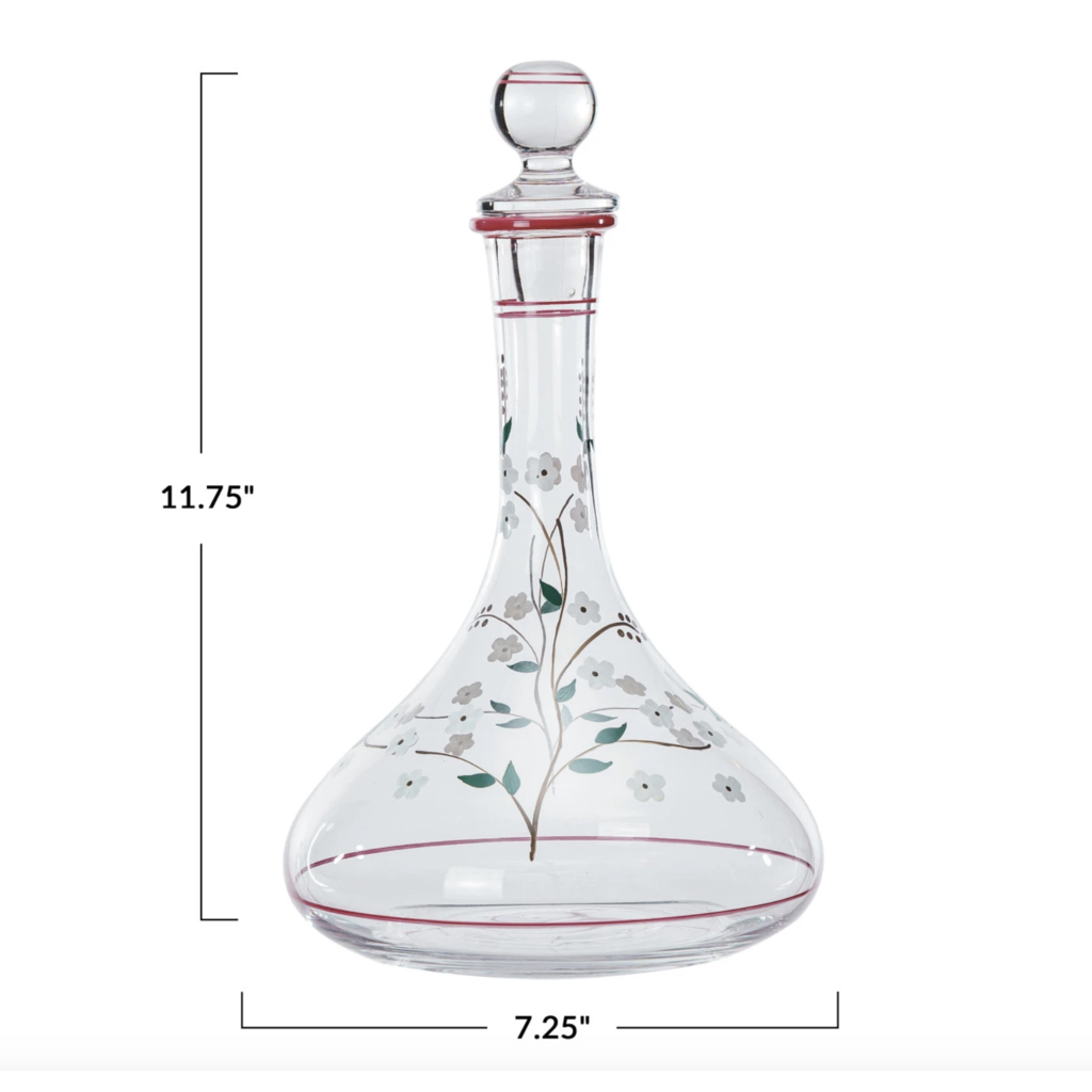 60 Oz. Glass Vintage Reproduction Decanter w/ Hand-Painted Flowers