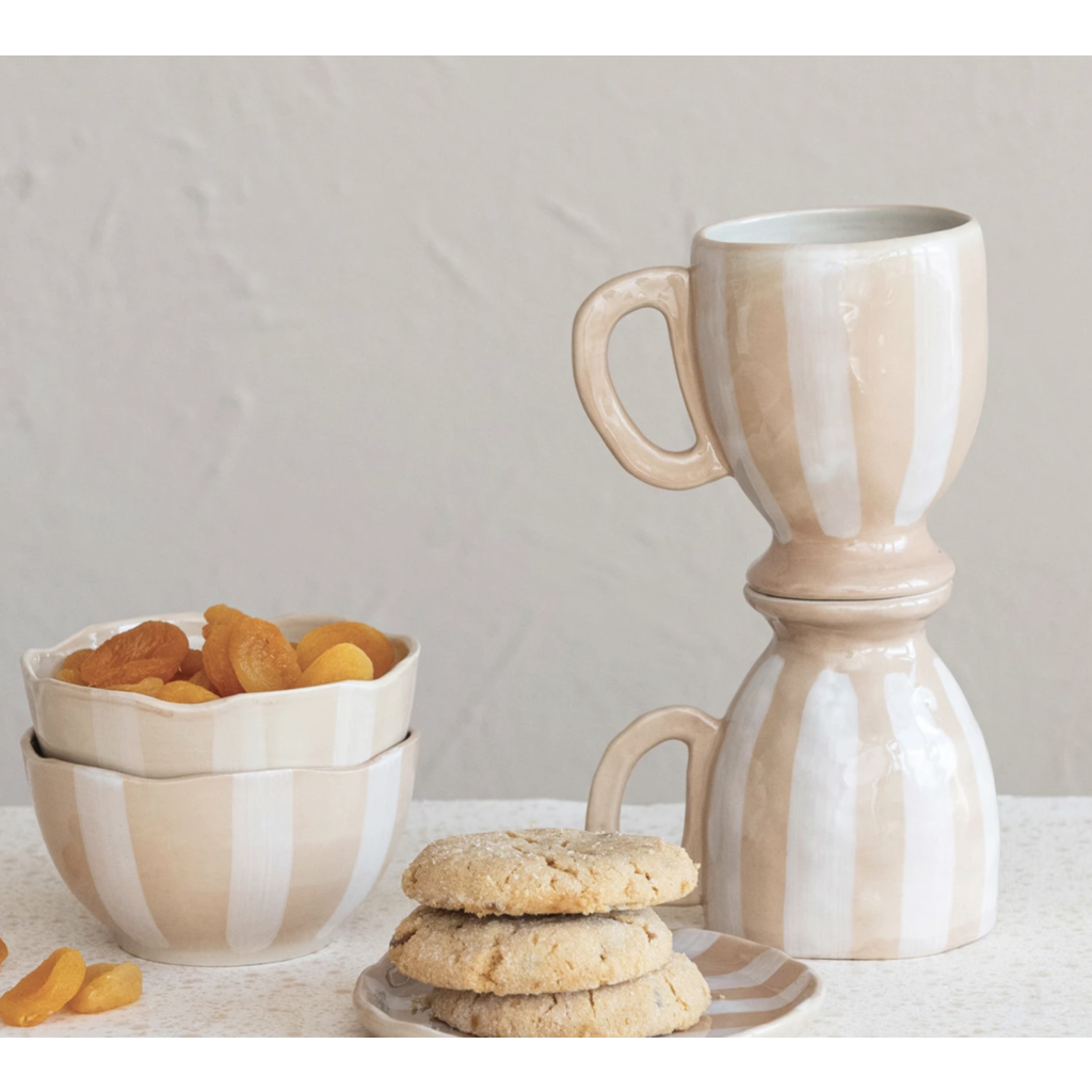 14 oz Hand-Painted Stoneware Footed Mug w/ Stripes, White & Tan Color