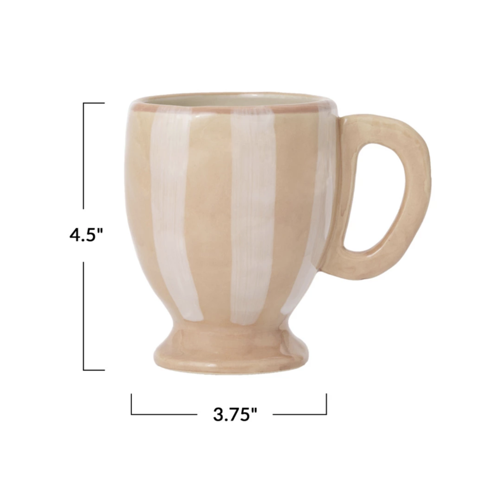 14 oz Hand-Painted Stoneware Footed Mug w/ Stripes, White & Tan Color