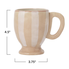 14 oz Hand-Painted Stoneware Footed Mug w/ Stripes, White & Tan Color