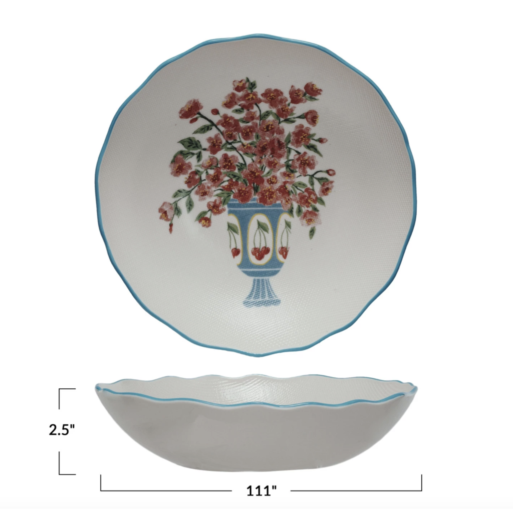 Textured Stoneware Salad Bowl w/ Flowers in Vase & Colored Rim