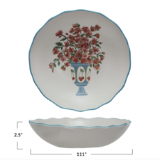 Textured Stoneware Salad Bowl w/ Flowers in Vase & Colored Rim