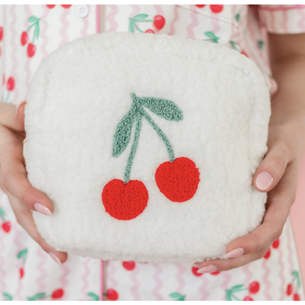 Small Cherry On Top Embroidered Plush Cosmetic Bag