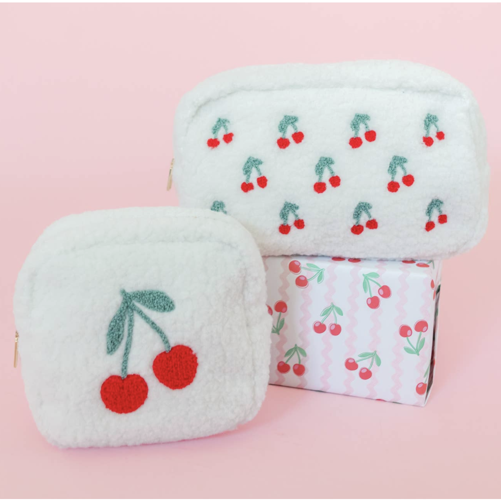 Small Cherry On Top Embroidered Plush Cosmetic Bag