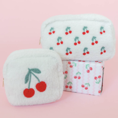 Small Cherry On Top Embroidered Plush Cosmetic Bag