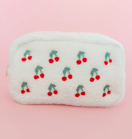 Large Cherry On Top Embroidered Plush Cosmetic Bag