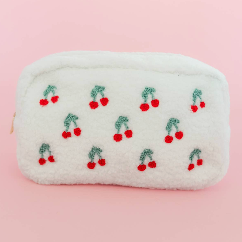 Large Cherry On Top Embroidered Plush Cosmetic Bag