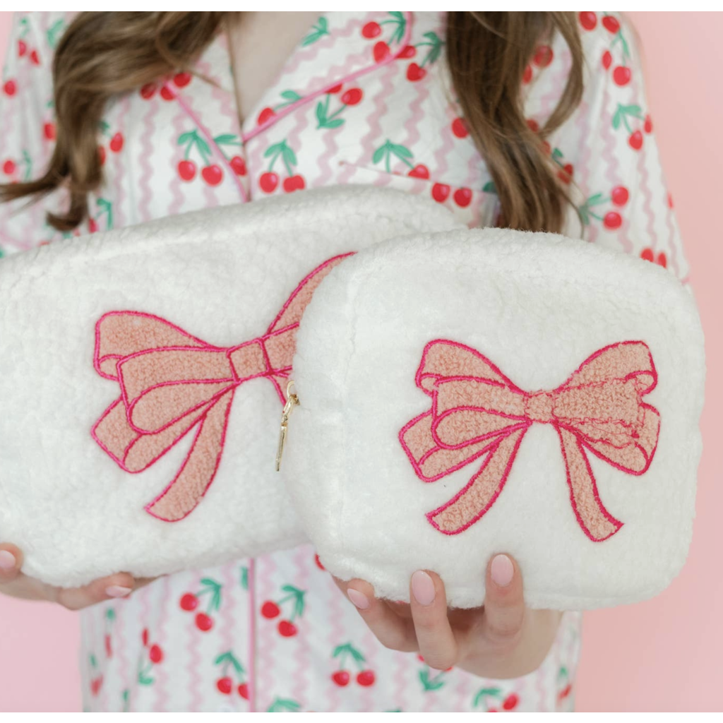 Pink Bow Teddy Cosmetic Zipper Bag - Large