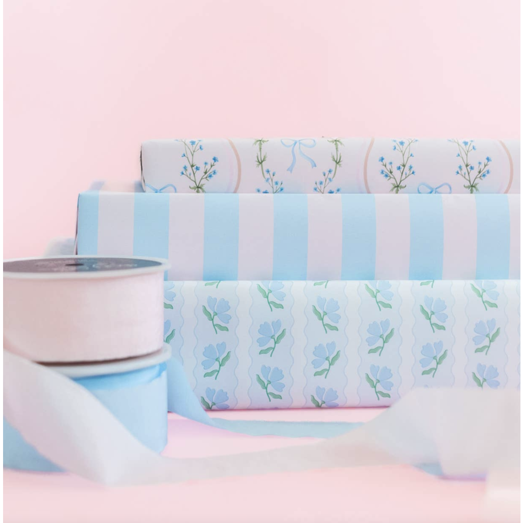 Blue Flower Wavy Stripe Wrapping Paper - Roll of 3 Sheets