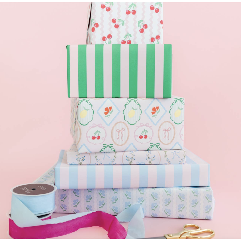 Blue Flower Wavy Stripe Wrapping Paper - Roll of 3 Sheets