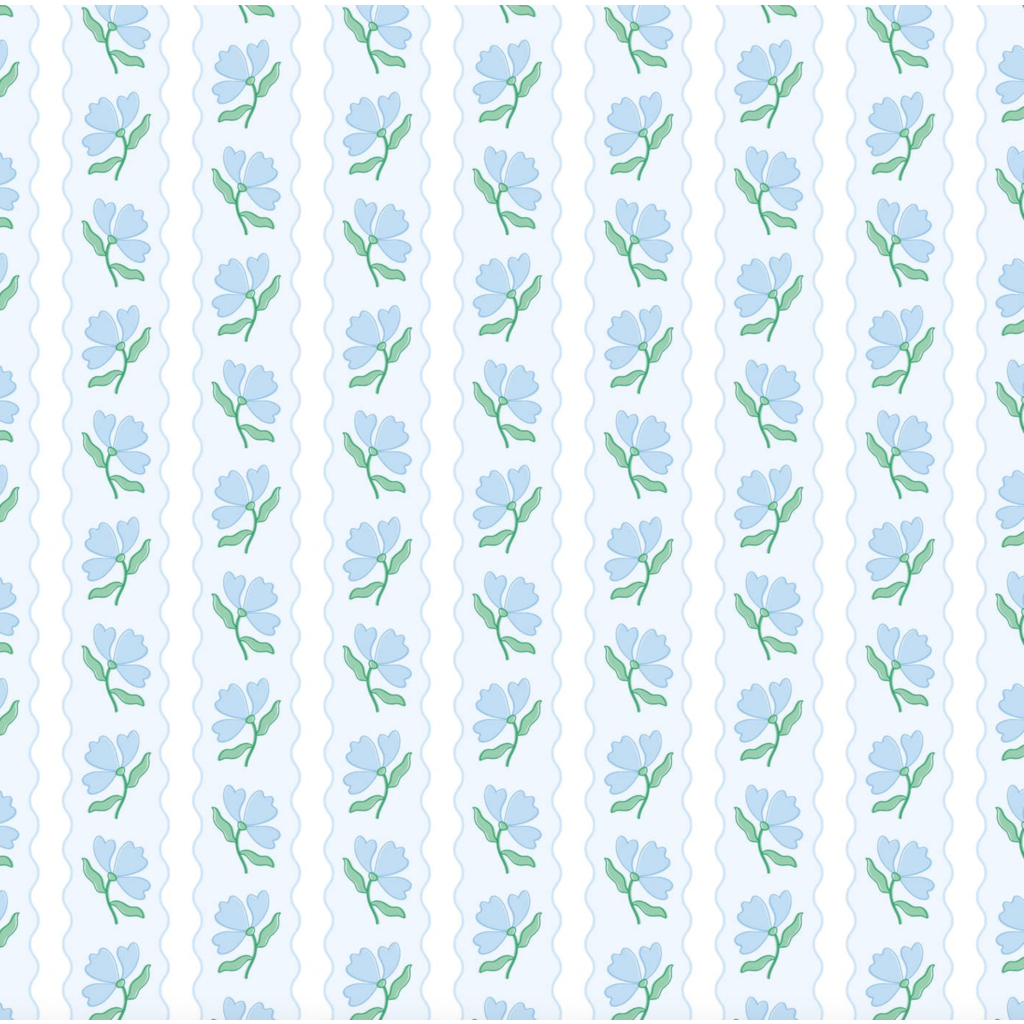 Blue Flower Wavy Stripe Wrapping Paper - Single Sheet