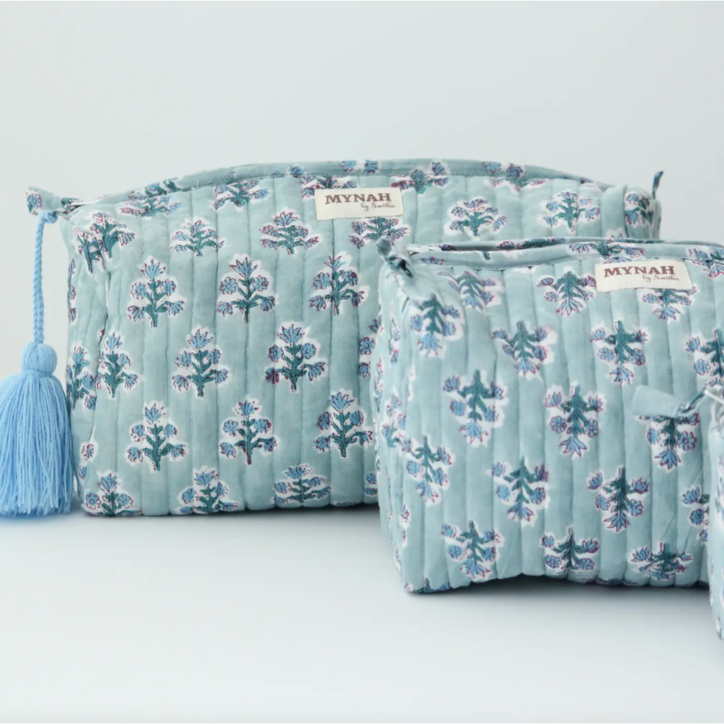 Large Dusty Blu Motif Print Travel Makeup Bag