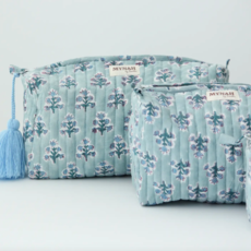 Large Dusty Blu Motif Print Travel Makeup Bag