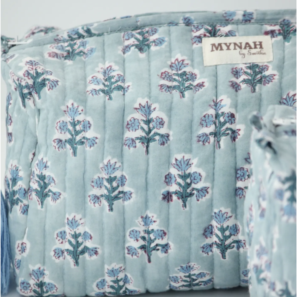 Large Dusty Blu Motif Print Travel Makeup Bag