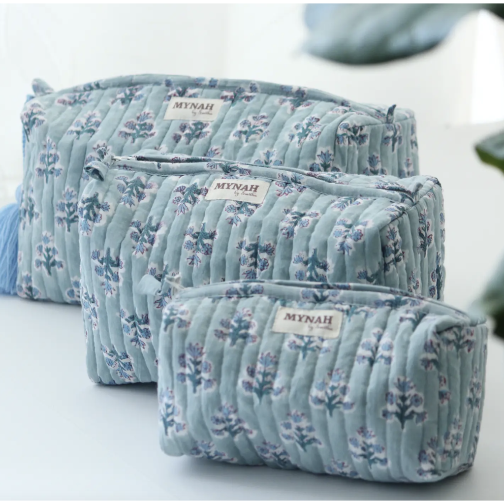 Large Dusty Blu Motif Print Travel Makeup Bag