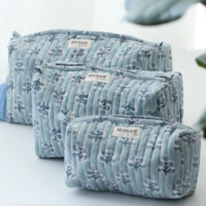 Large Dusty Blu Motif Print Travel Makeup Bag