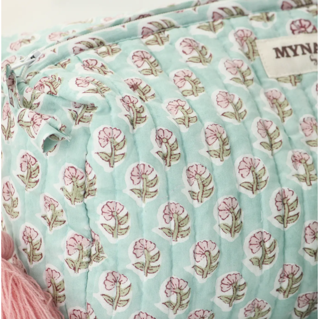 Large Mint Floral Print Travel Makeup Bag