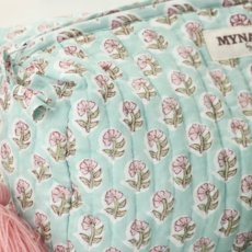 Large Mint Floral Print Travel Makeup Bag