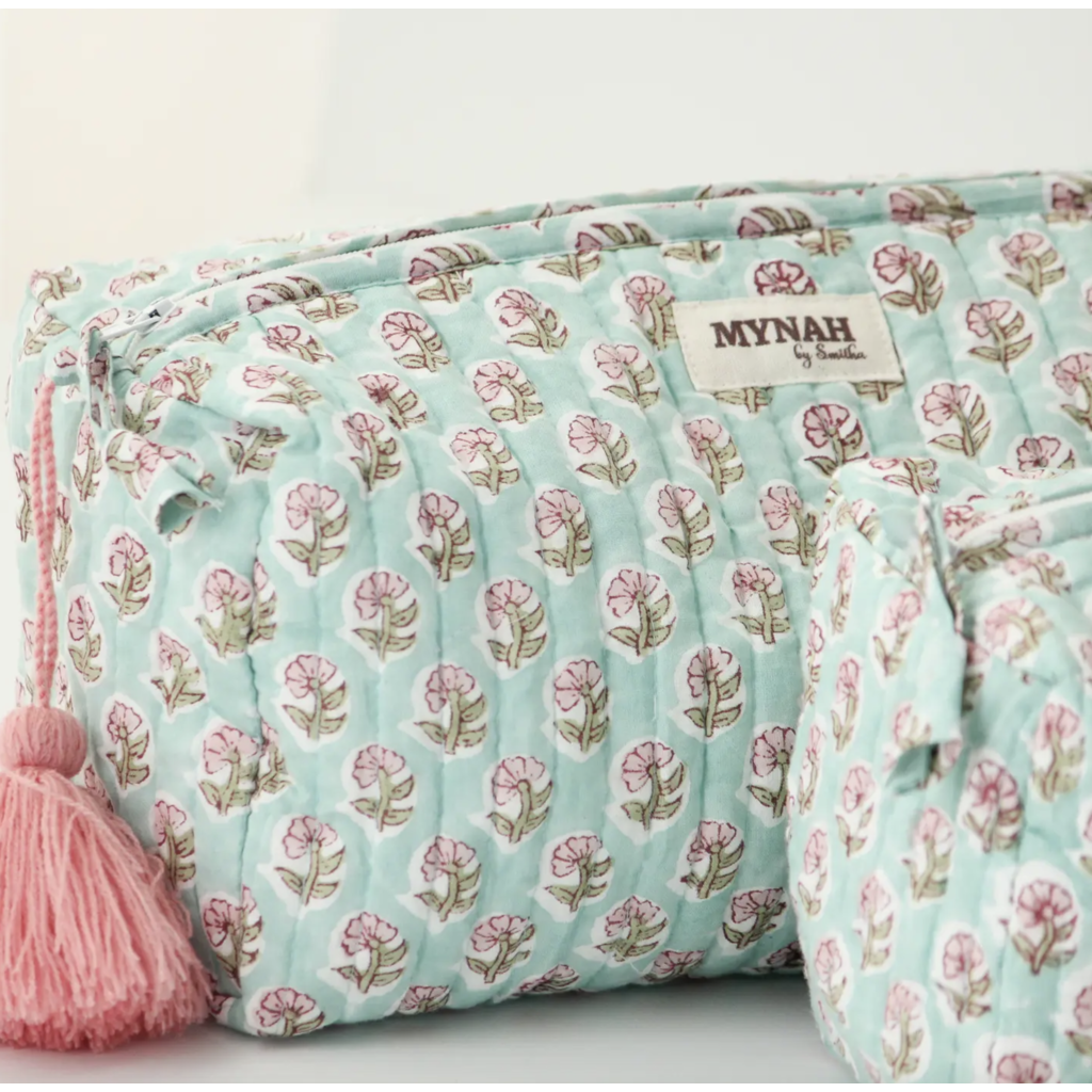 Large Mint Floral Print Travel Makeup Bag