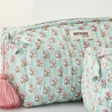 Large Mint Floral Print Travel Makeup Bag