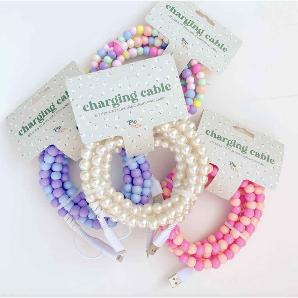6ft Beaded Phone Charger Usb-A & Dual Usb-C Lightning Cable