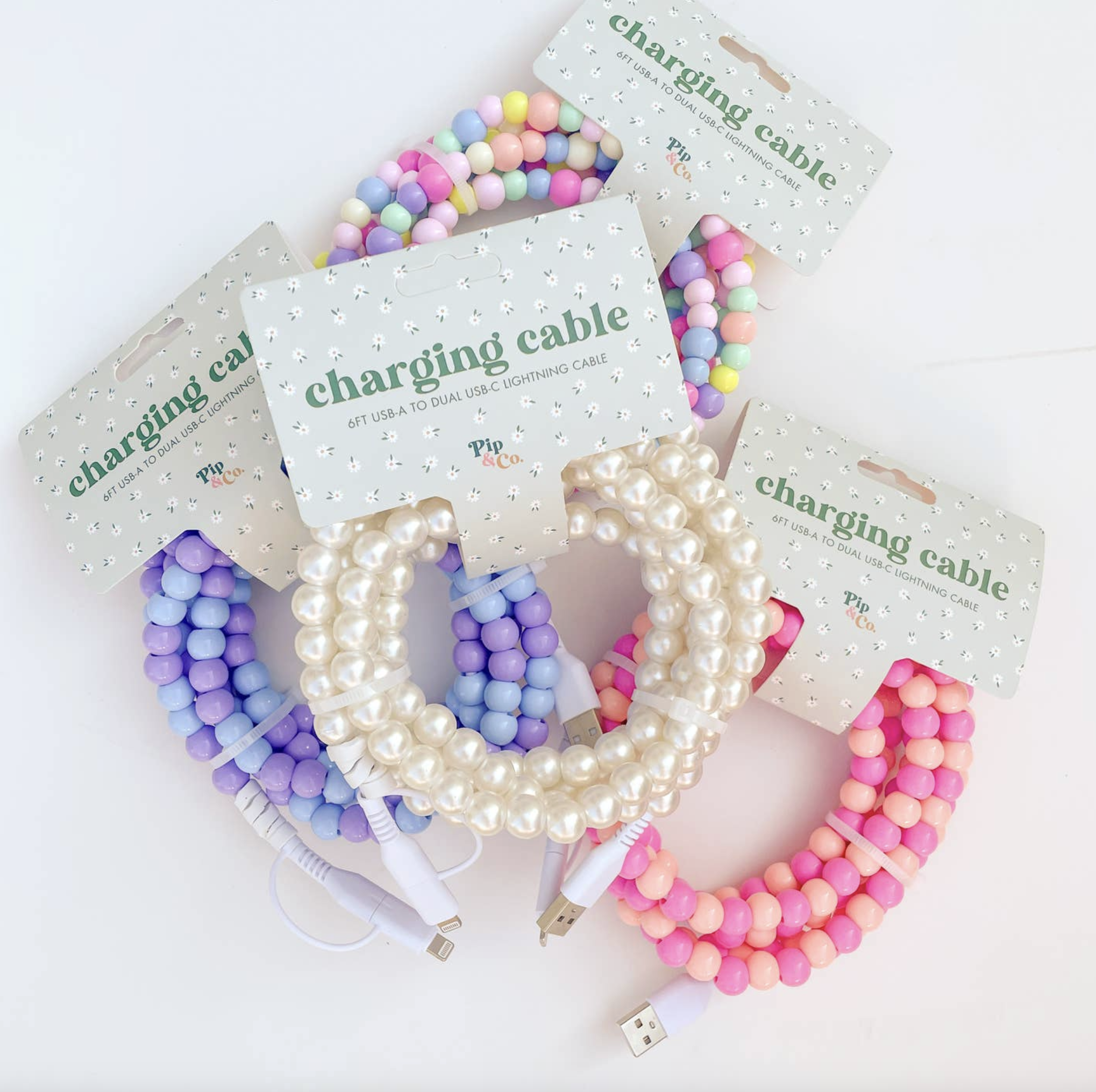 6ft Beaded Phone Charger Usb-A & Dual Usb-C Lightning Cable - Rock