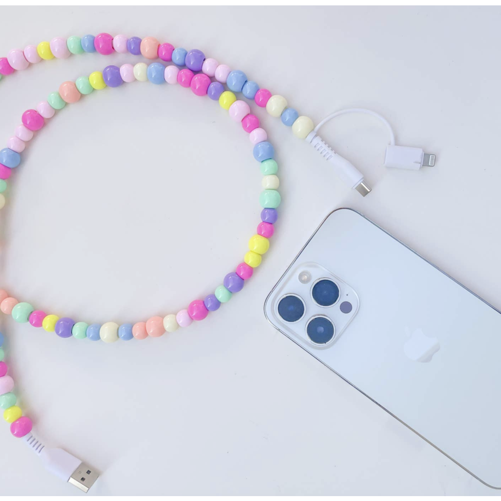 6ft Beaded Phone Charger Usb-A & Dual Usb-C Lightning Cable
