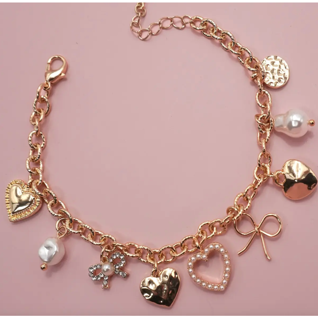 Bow Heart Pearl Charm Bracelet
