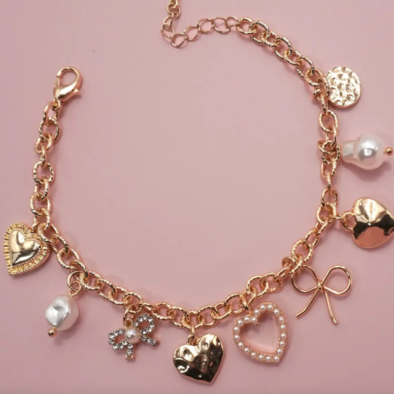 Bow Heart Pearl Charm Bracelet